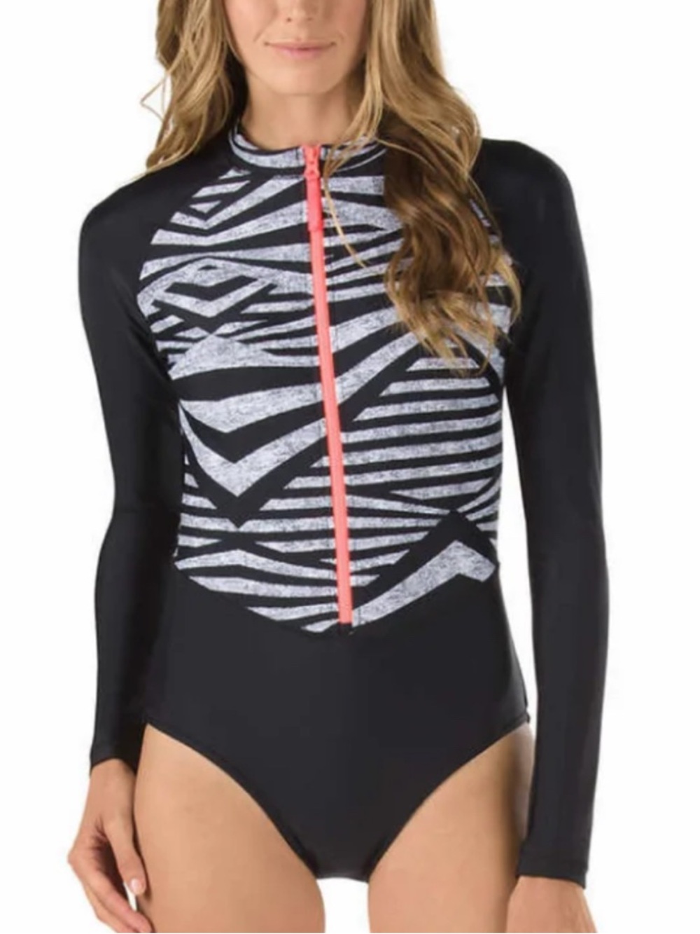 Speedo Long Sleeve One-Piece Swimsuit front zipper and zebra print pattern S